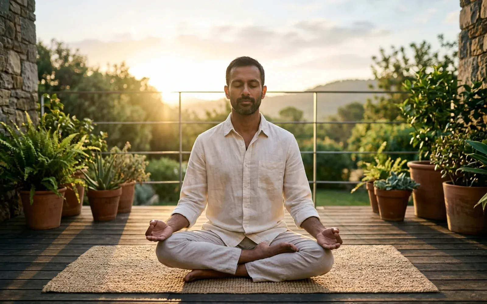 Indian man in ivory linen meditating at sunrise on a terrace surrounded by terracotta pots and greenery