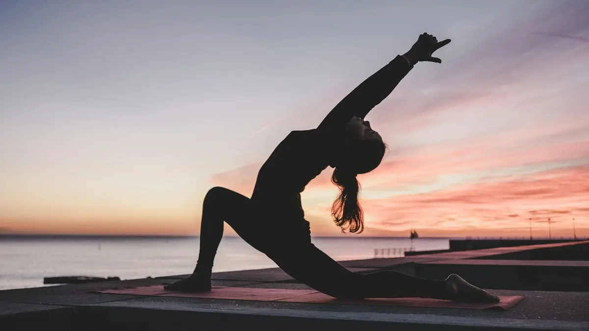 Woman moving through a mindful yoga pose