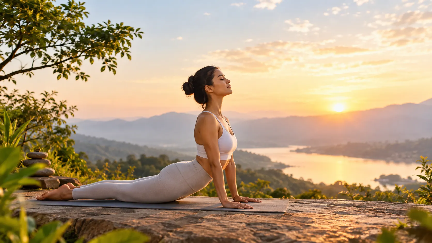 Graceful outdoor yoga practice at sunrise with golden light and vitality