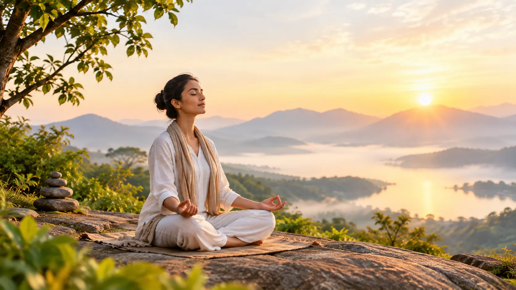 Peaceful meditation in serene nature with morning mist and stillness