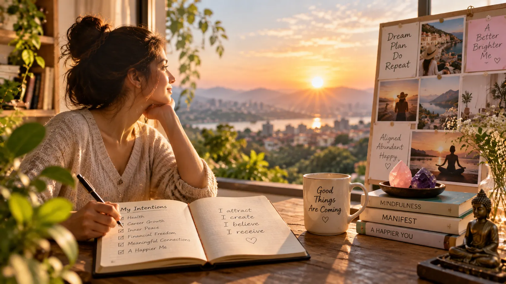 Law of attraction - intentions journal and manifestation desk at sunset