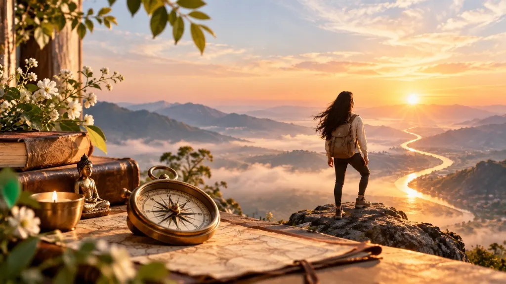 Master your own fate - scenic sunrise mountain overview with compass