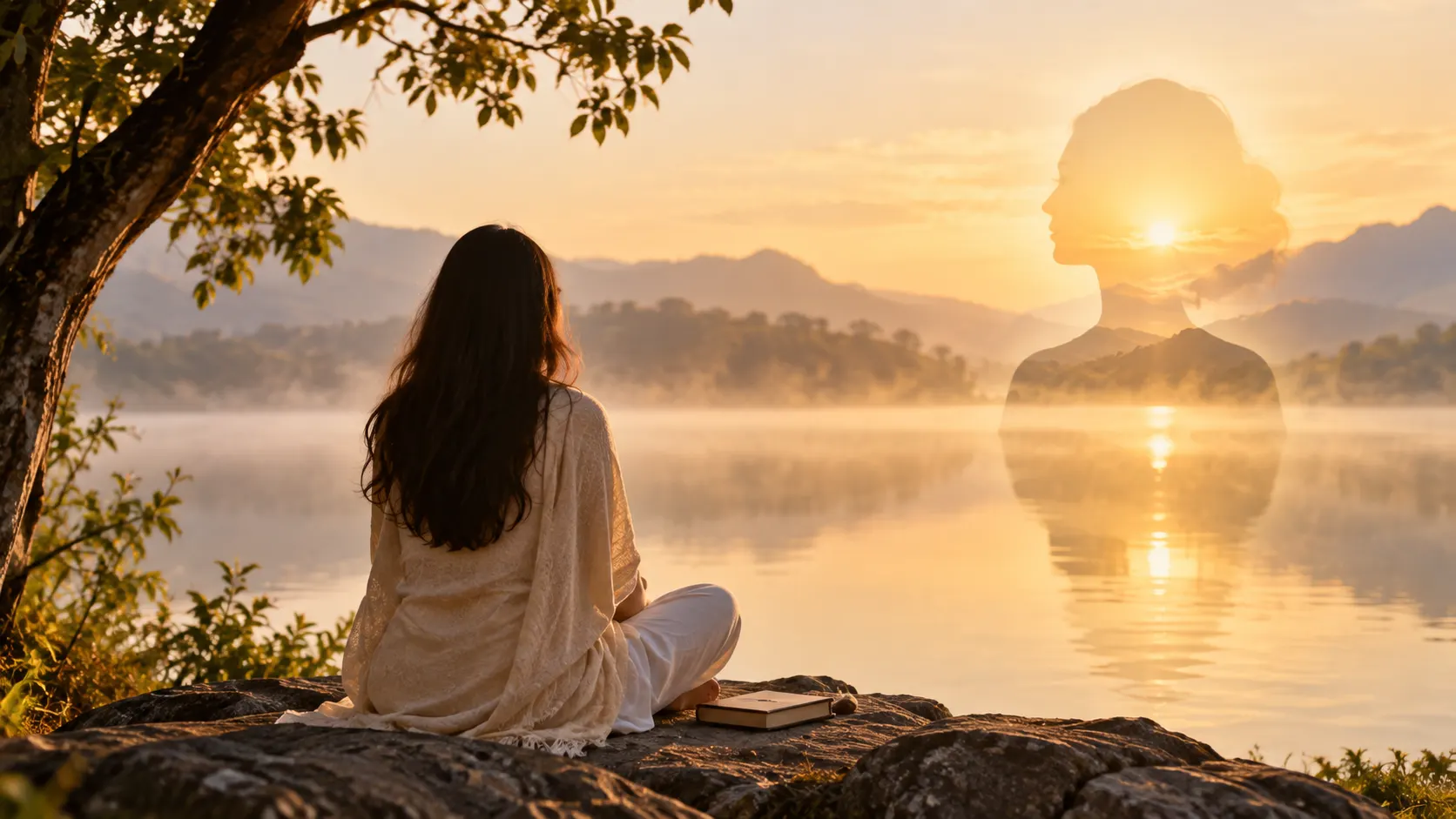 Power of spirituality in self discovery - meditation by serene lake at sunrise